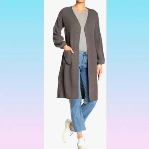 Long line open front cardigan with small balloon sleeves - Picture 1 of 10